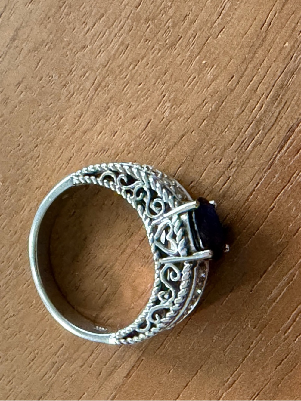 10K White Gold Blue Sapphire & Diamond Cocktail Ring with Filigree Accents - Picture 7 of 7